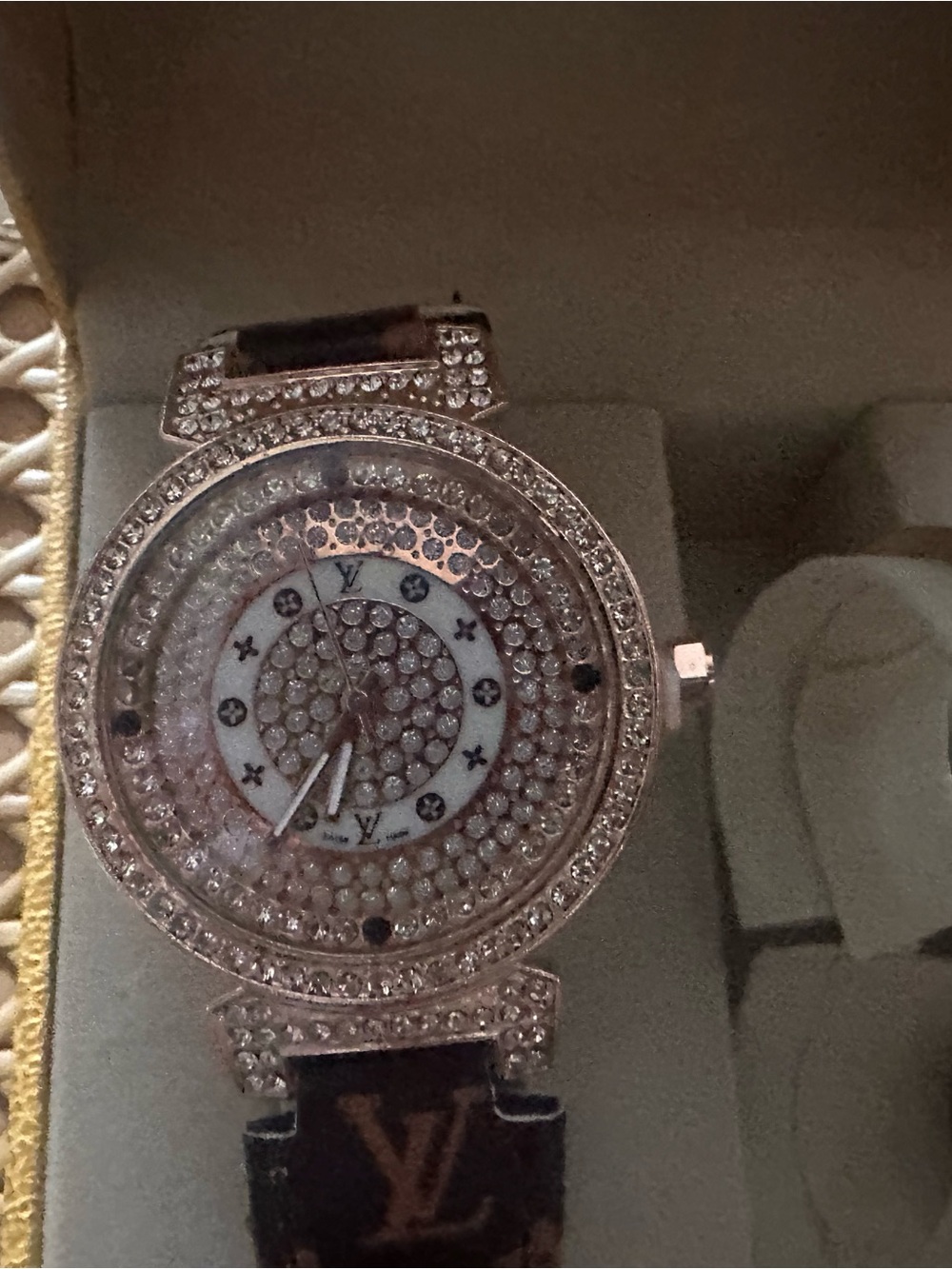 Source Unknown Gold Crystal Watch with Brown Monogram Strap & Gold LV Bracelet - Picture 4 of 15